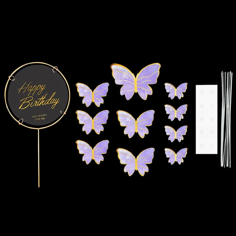 1Set Happy Birthday Cake Toppers Cake Decoration Handmade Butterfly Cupcake Topper For Wedding Birthday Party Baby Shower Baking