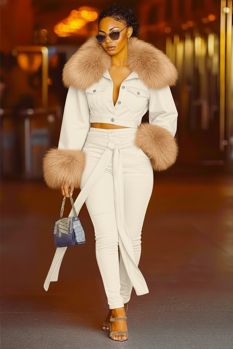 Denim Panel Fuzzy Crop Jacket Sash Leggings Pants 2pcs Set-Blue [Pre Order]