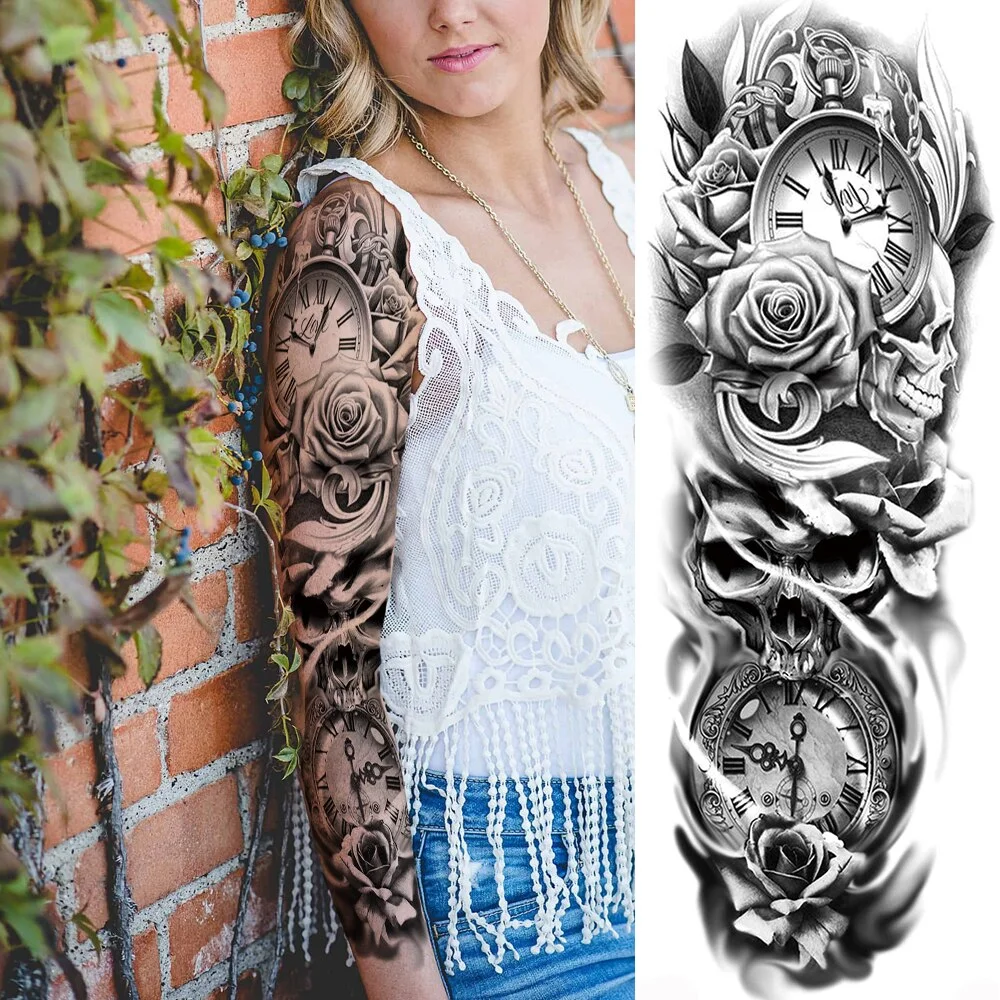 Sexy Long Full Arm Rose Clock Temporary Tattoos For Men Women Tatoo Body Leg Art Makeup Large Tiger Flower Fake Tattoo Stickers