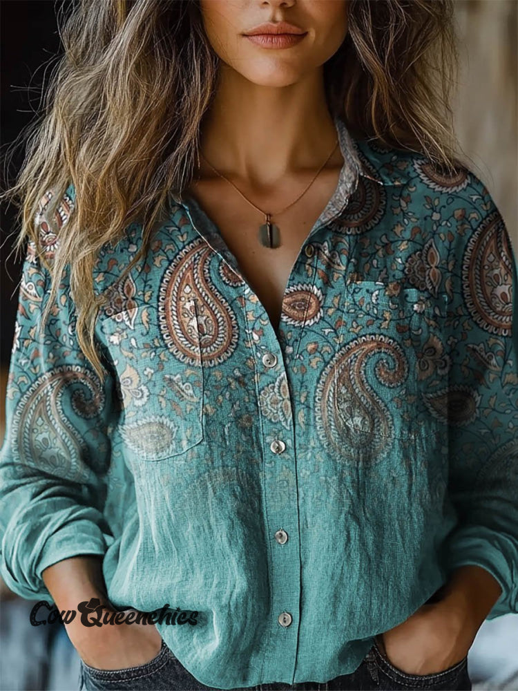 Women’s Vintage Paisley Print Casual Long Sleeve Comfortable Cotton Shirt Multicolor / S