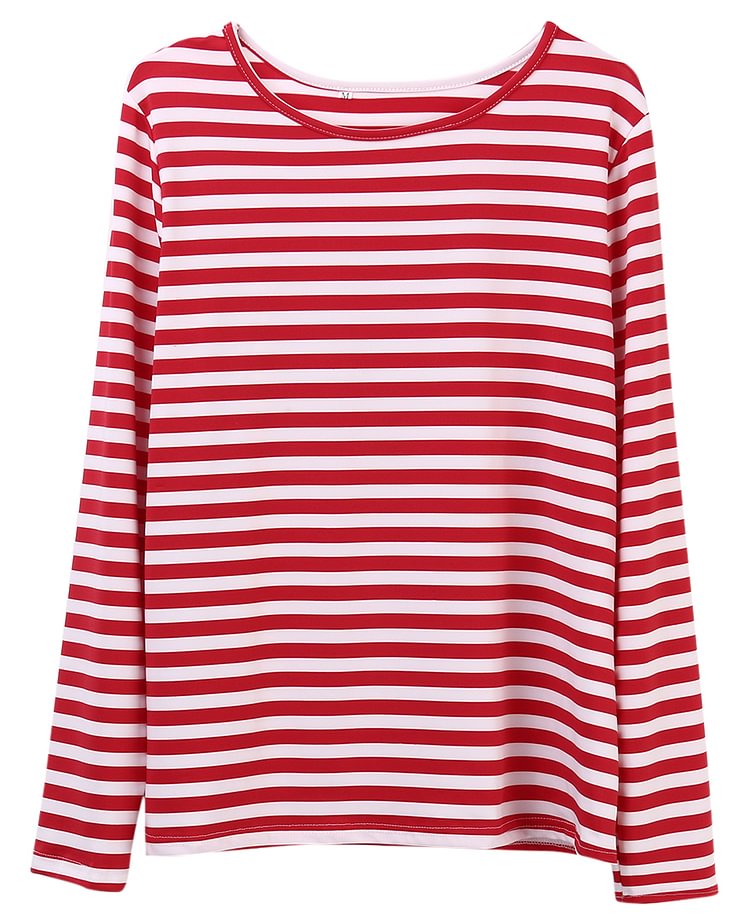 New Casual Women Red White Striped Long Sleeve T Shirt Cotton Loose Shirt Female Basic O-Neck Tops Tee Autumn Pullovers