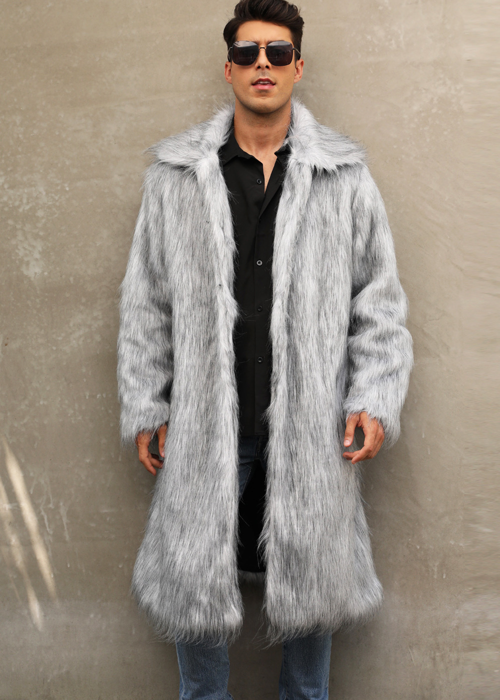 Grey Men's Square Collar Fur Long Coat