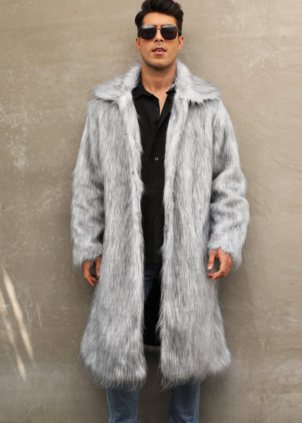 Grey Men's Square Collar Fur Long Coat