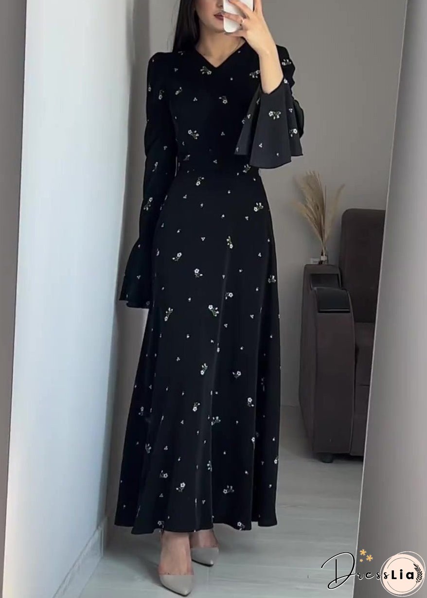 Stylish Black V Neck Print Cotton Maxi Dresses Butterfly Sleeve