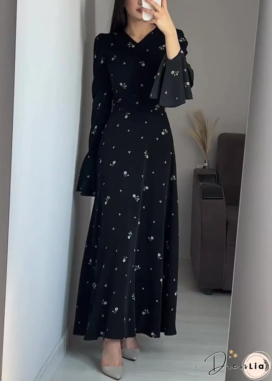 Stylish Black V Neck Print Cotton Maxi Dresses Butterfly Sleeve
