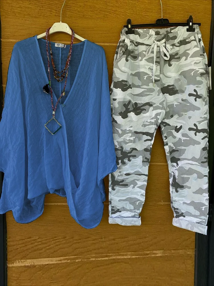 Casual Abstract 3/4 Sleeve Shirt and Pants Suits Two-Piece Suit