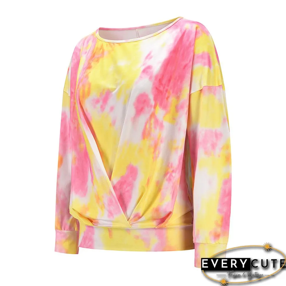 Yellow Tie Dye Twist Front Long Sleeve Tops
