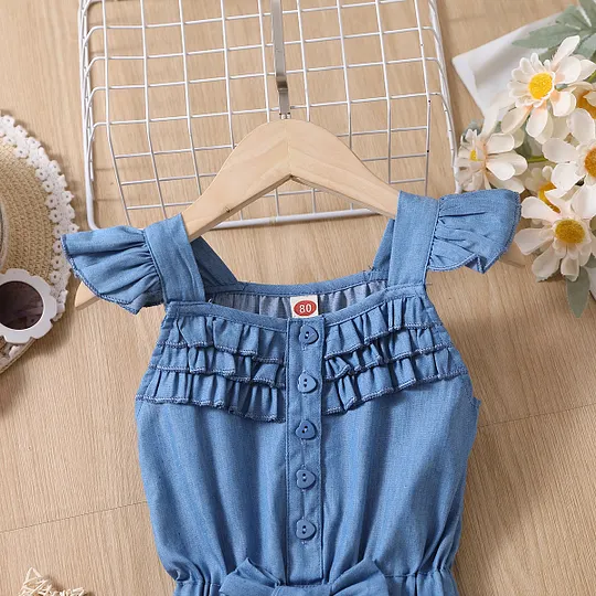 【12M-7Y】Girls Fly Sleeve Bow Denim Jumpsuit