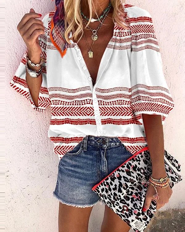 Printed Casual V-Neckline 3/4 Sleeves Women Blouses