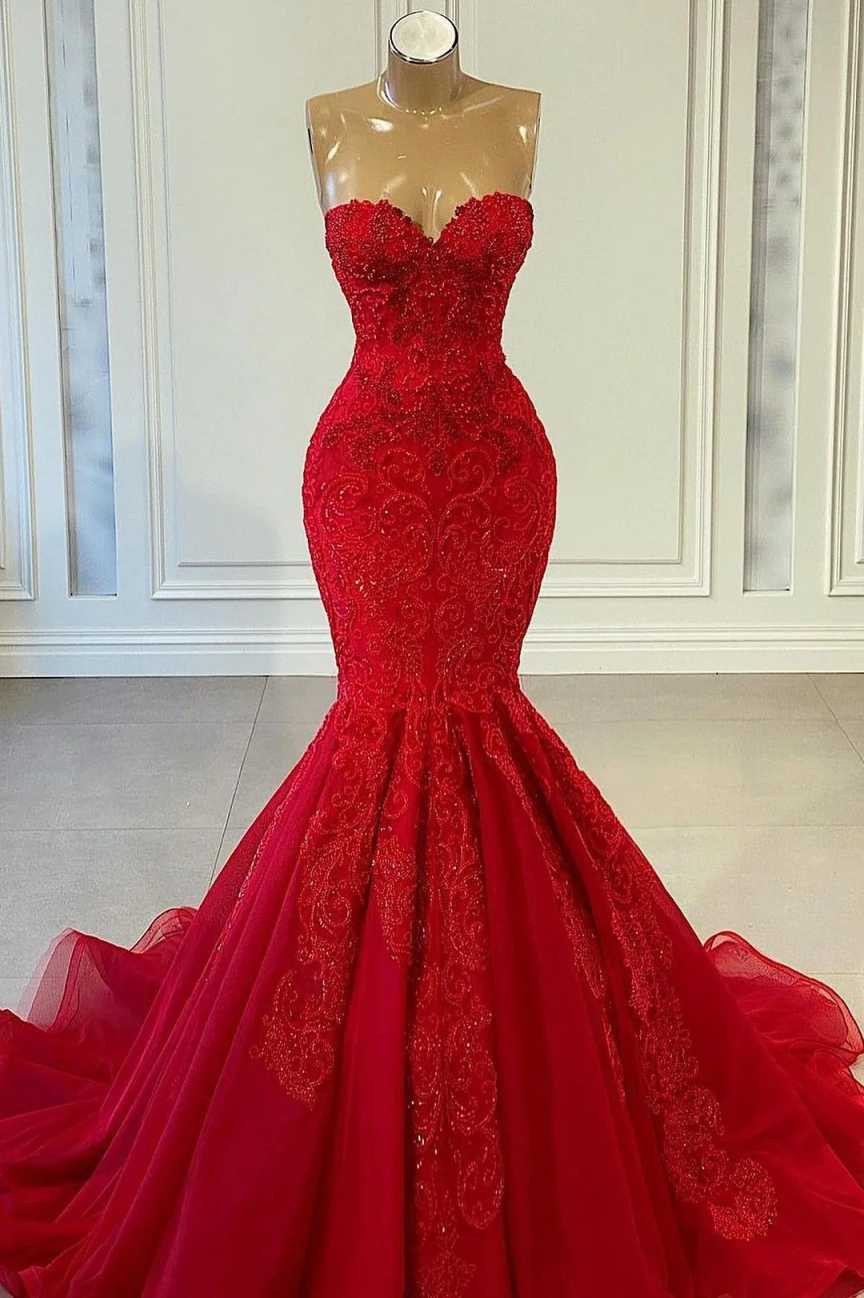 Lussooy Red Sleeveless Sweetheart Mermaid Prom Dress With Beadings 