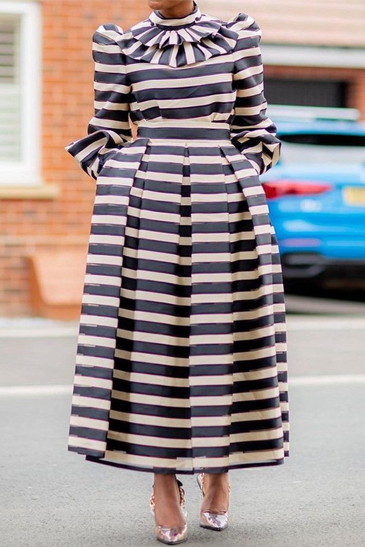 Fashion Casual Striped Split Joint Turtleneck Long Sleeve Dresses