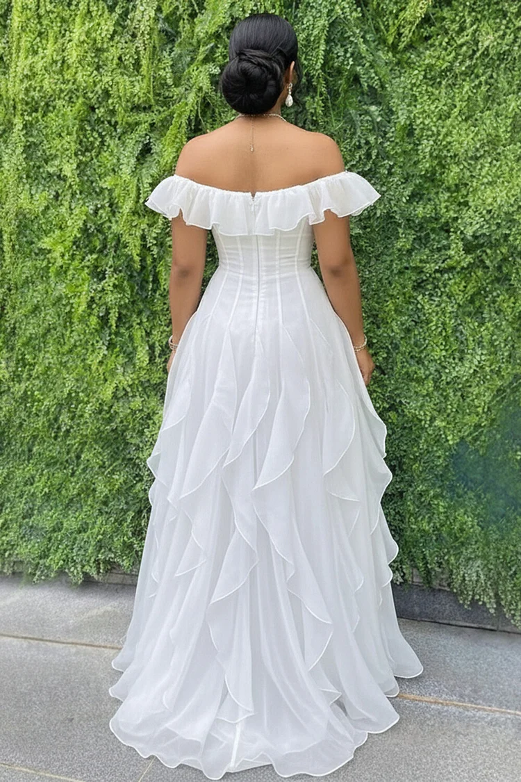 white off shoulder ruffle maxi dress White Bohemian Off The Shoulder Ruffled Tassel High Waist Boho Maxi Dr Jolly Vintage