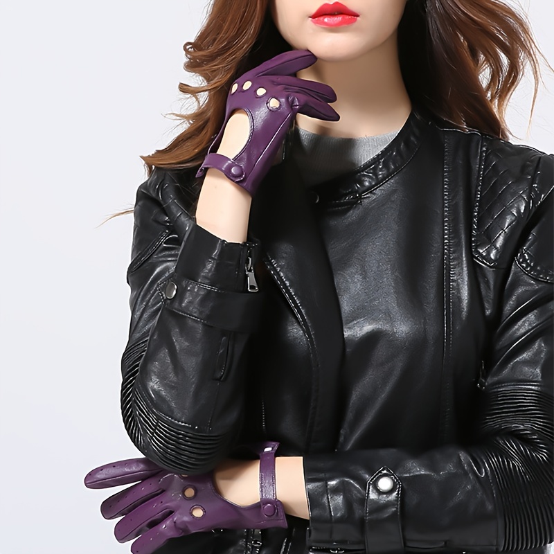 Vintage Genuine Leather Button Gloves Solid Color Hollow Out Sport Gloves Party Prom Dress Up Split Finger Gloves
