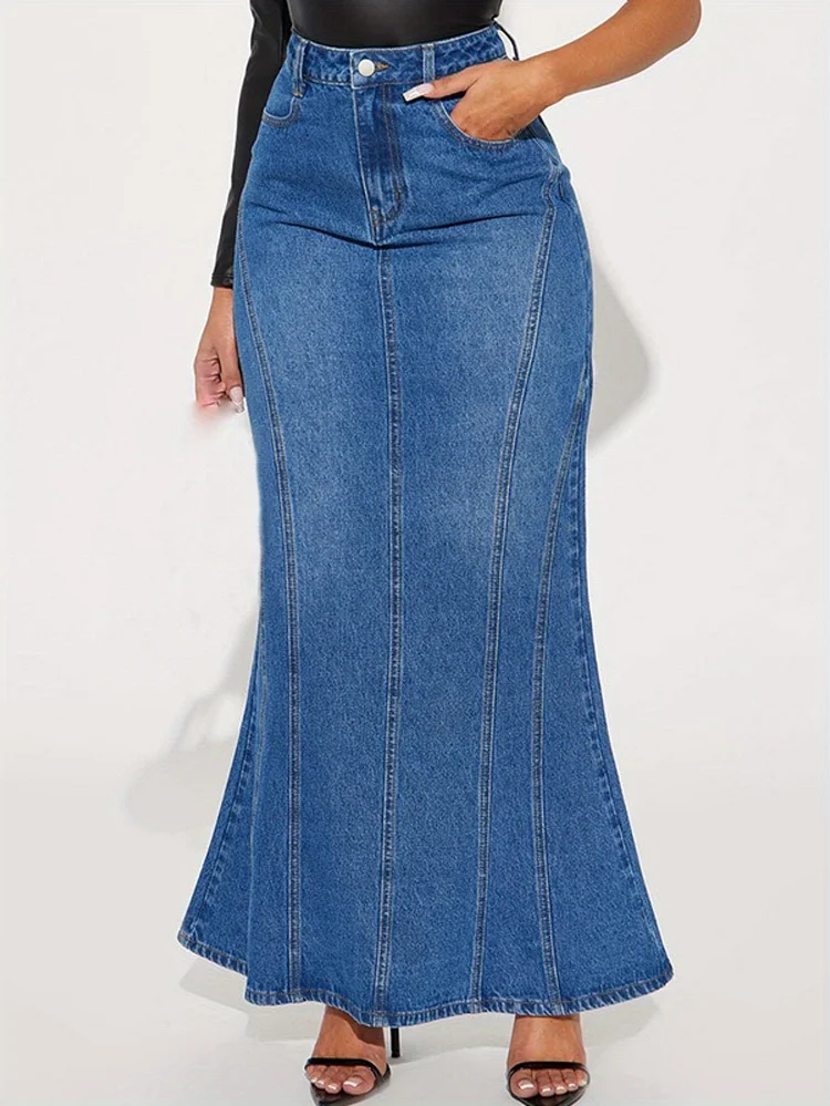 In Stock European And American 2025 New High Waisted Retro Elastic Denim Half Body Lotus Leaf Long Skirt