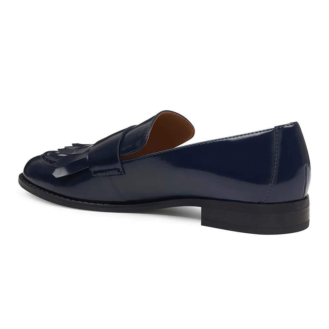 Navy Vegan Leather Round Toe Fringe Flat Loafer Shoes for Women