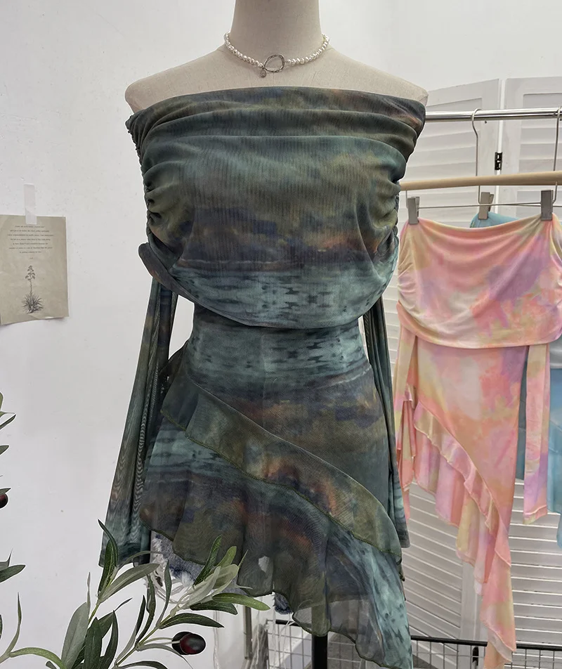 Nigikala Nigikala And Spicy Shoulder Dyed Printing Mesh Long-Sleeved Coat Folds Irregular Ribbon T-Shirt 9997