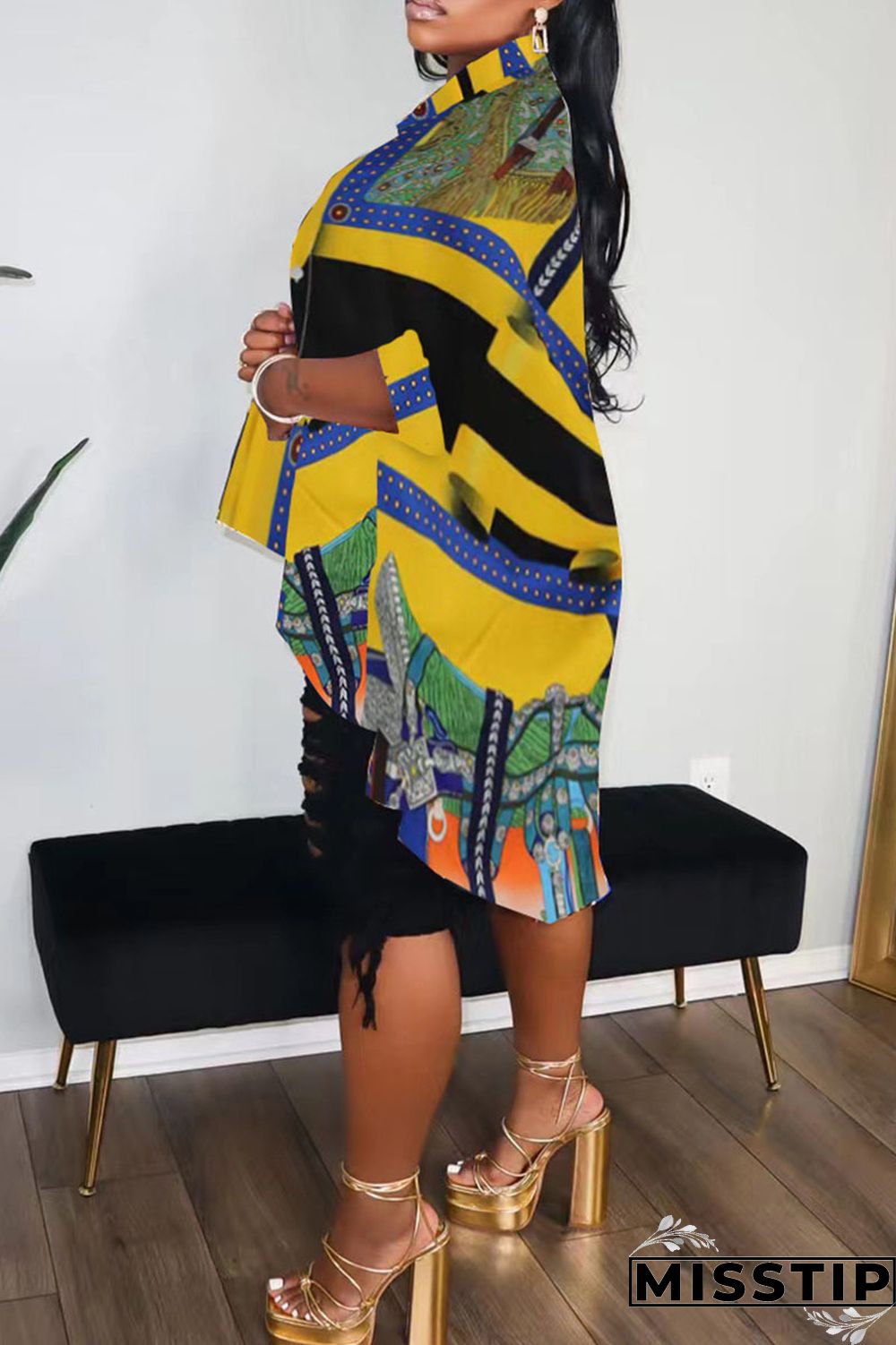 Gold Casual Print Patchwork Buckle Turndown Collar Tops