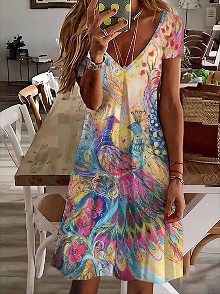 Women's Colorful Short Sleeve V-neck Graphic Midi Dress