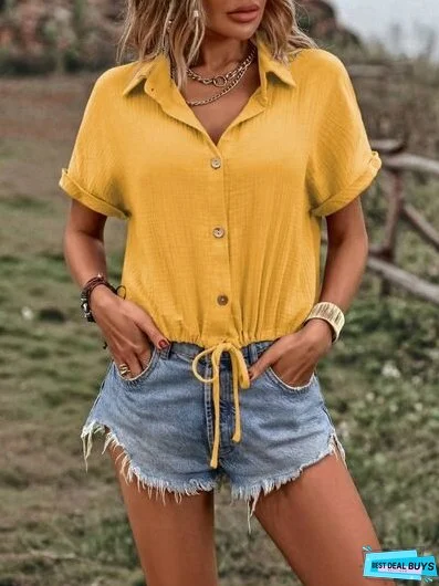 Drawstring Button Up Short Sleeve Blouse