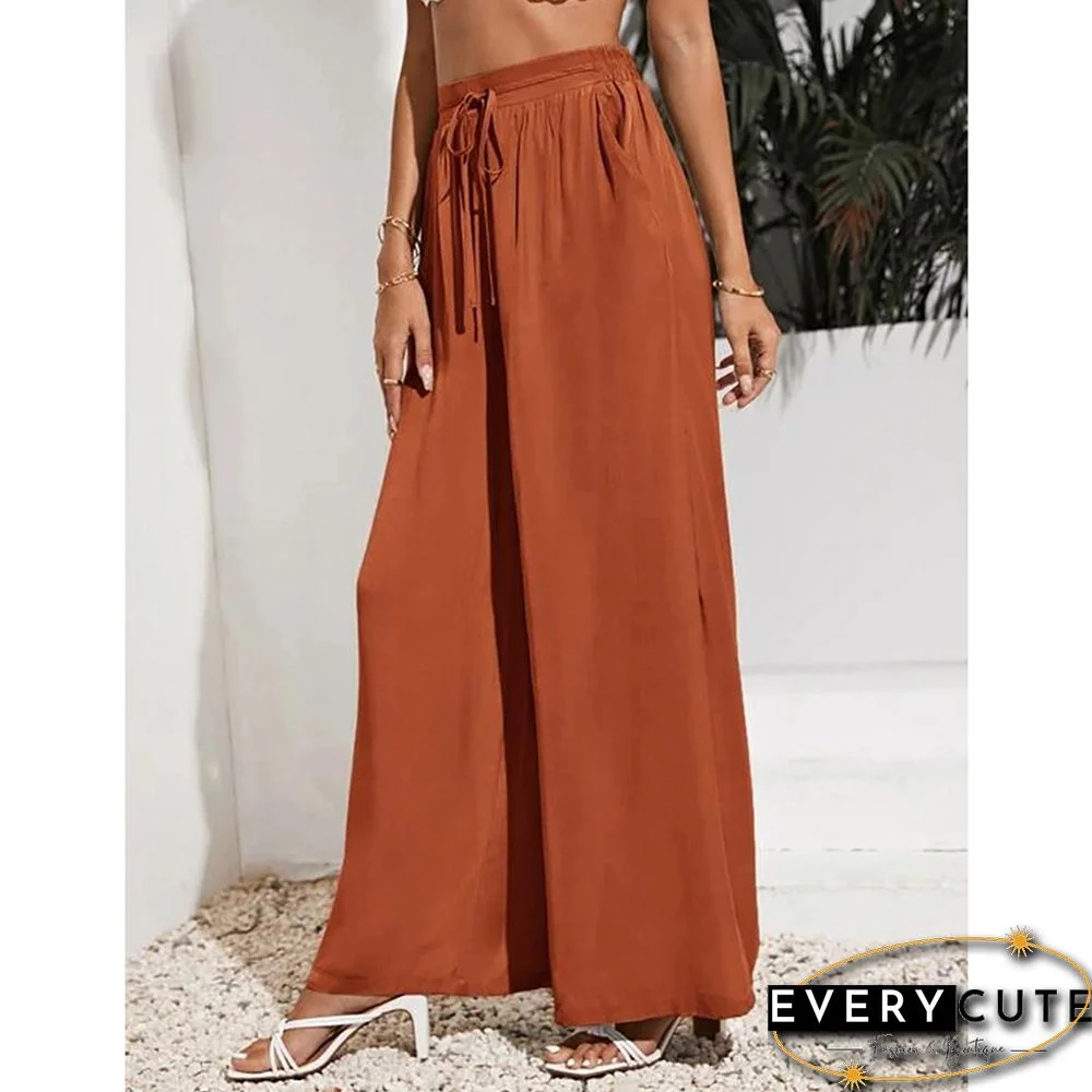 Orange Tie Waist Wide Leg Casual Pants