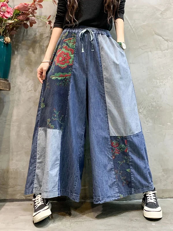 Casual Wide Leg Loose Color-Block Bandage Embroidered Jean Pants Bottoms