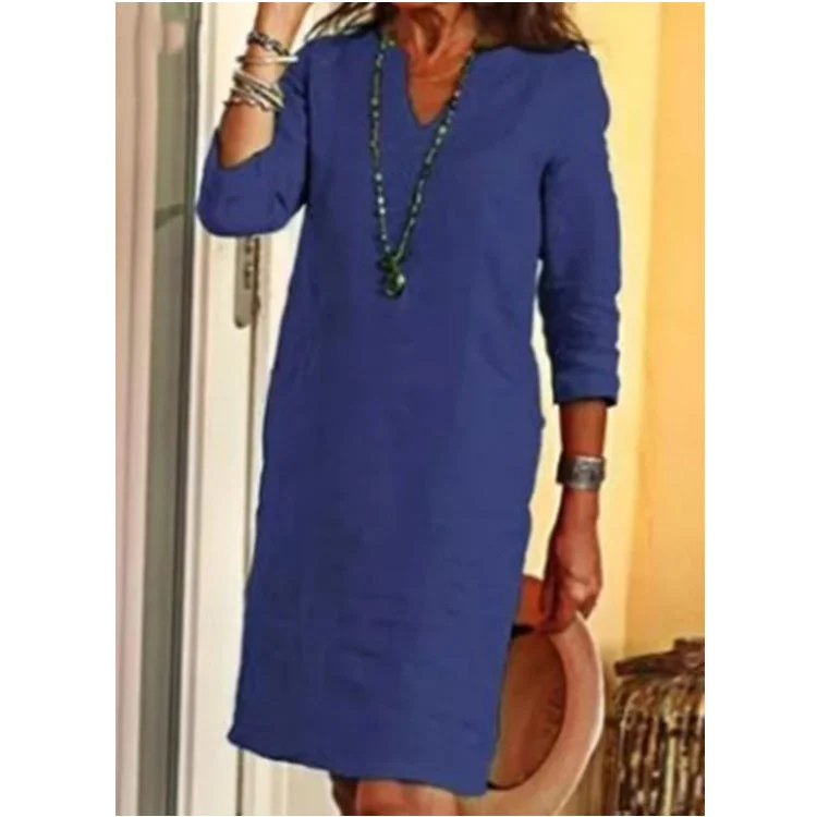 Uveng Cotton Linen Small V-neck Stitching Retro Basic Model Solid Color Three-quarter Sleeve Dress
