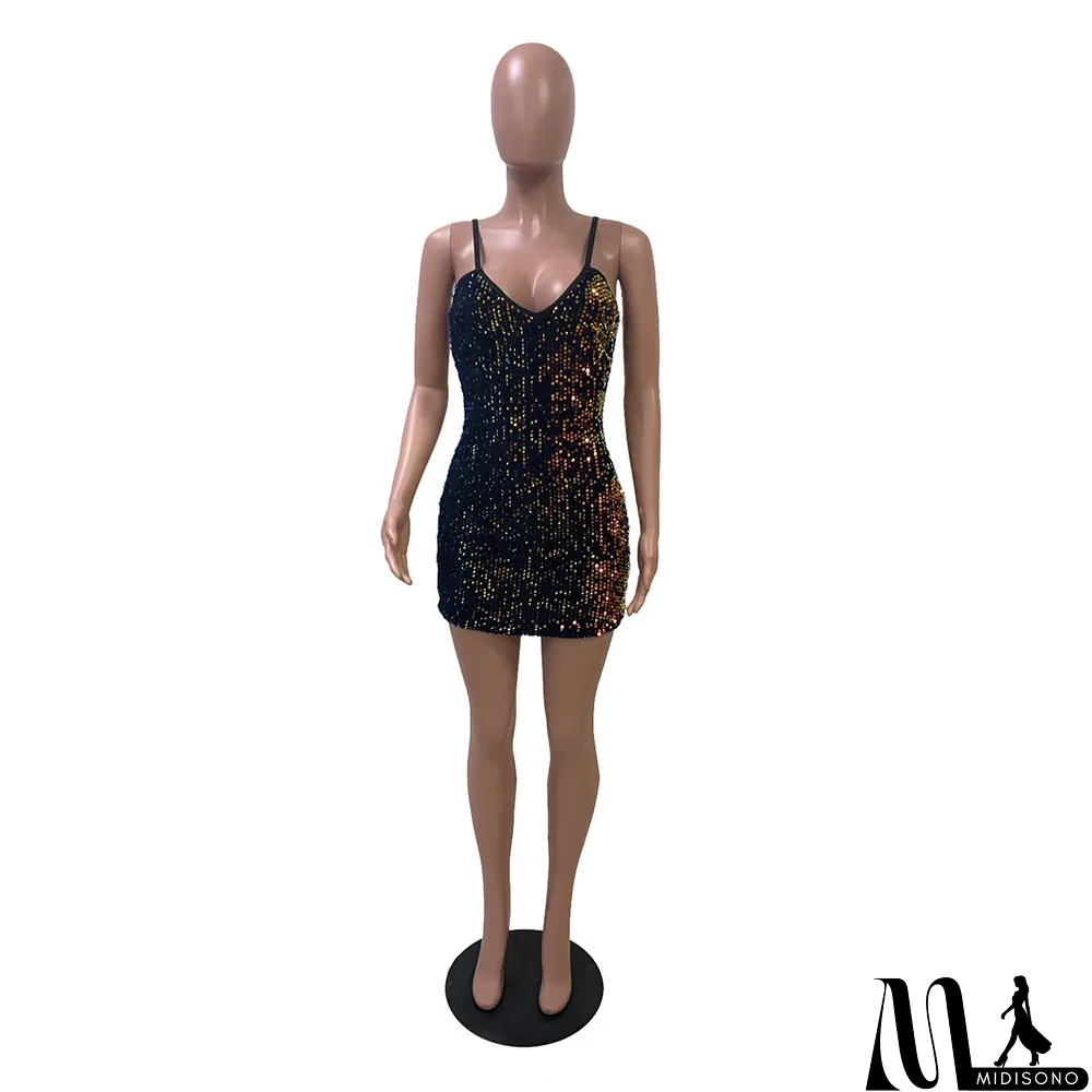 MidiSono - Sexy suspender sequined v-neck dress dress Bodycon Dress