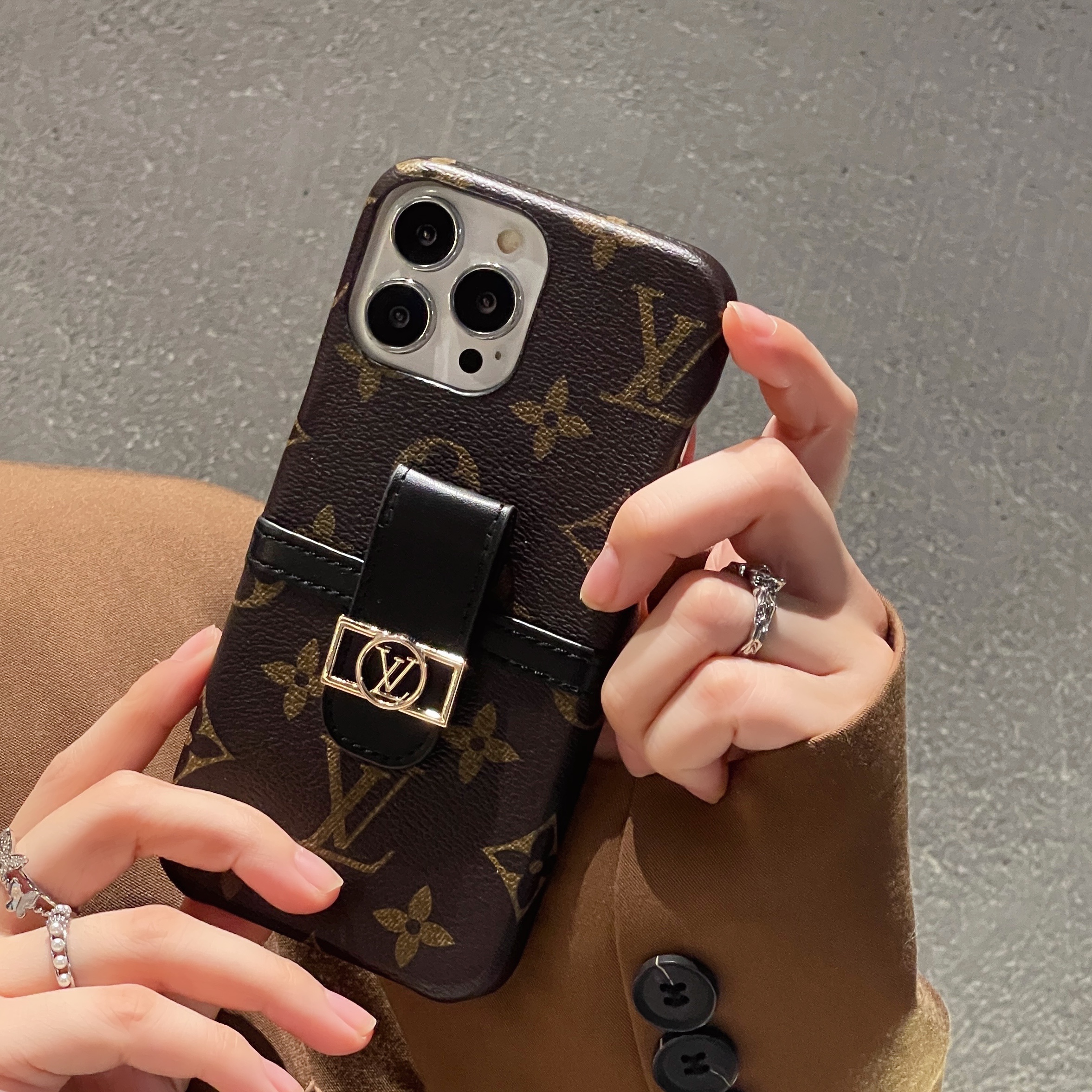 LV Canvas Leather Monogram Security Button Card Apple iPhone Case