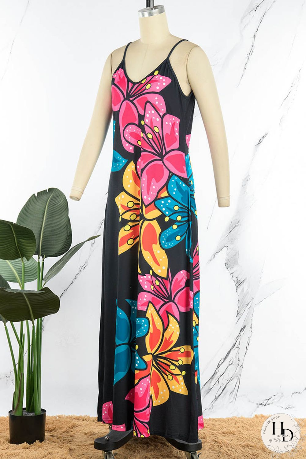 Blue Black Casual Print Patchwork Spaghetti Strap Sling Dress Dresses