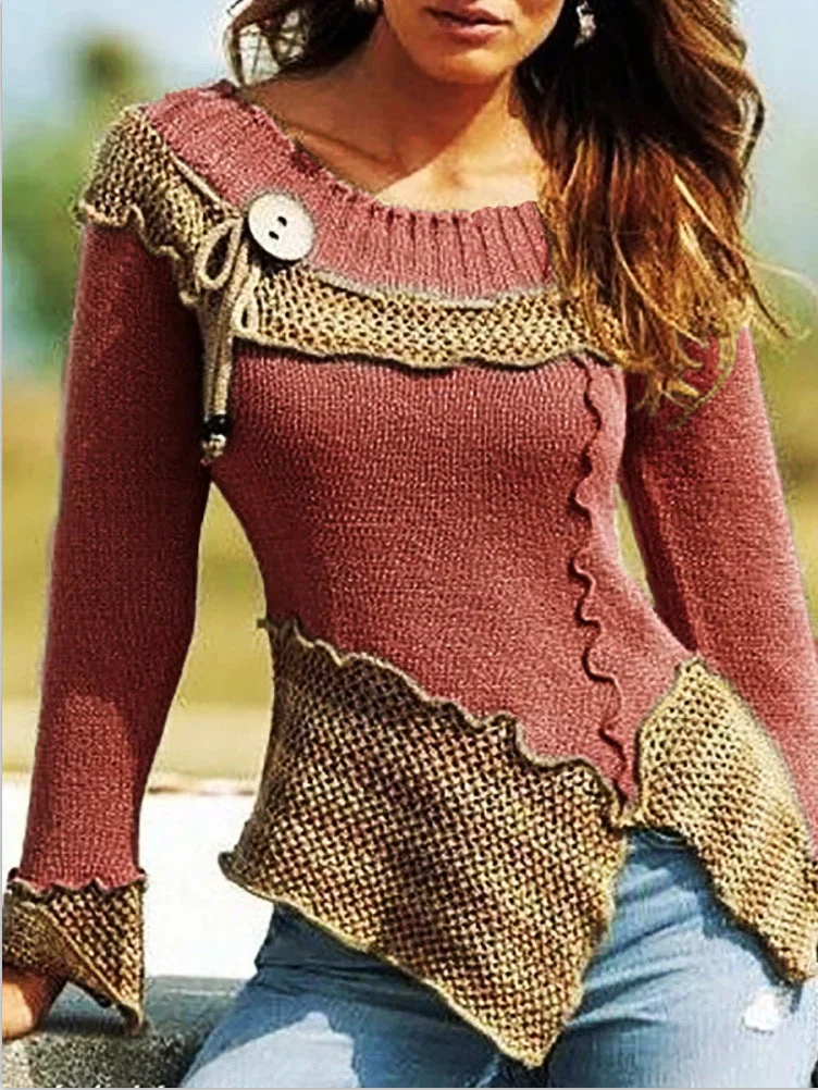 Fashion splicing round neck long sleeve sweater