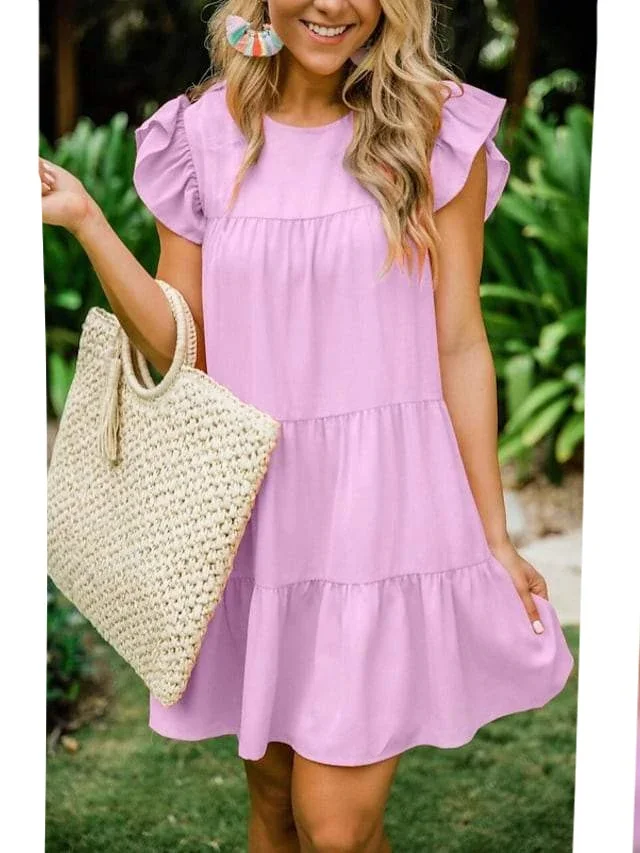 Women's A Line Dress Knee Length Dress White Black Purple Wine Short Sleeve Solid Color Round Neck Hot White Dresses