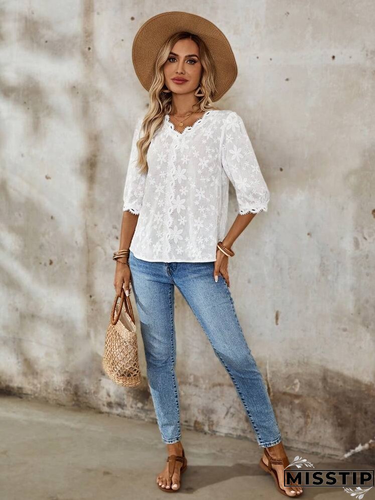 Women's Summer Loose Fit Floral And Striped Vacation Shirt With V-Neckline And Curved Hem