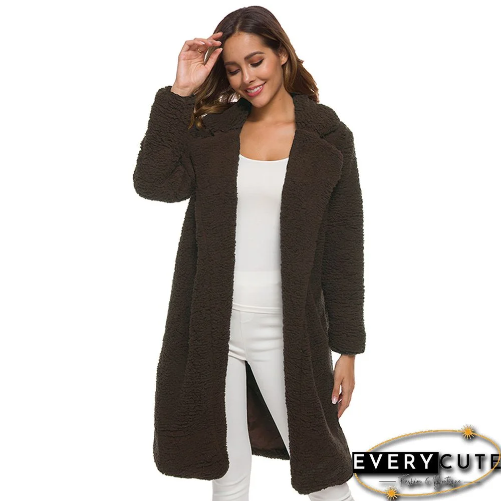 Coffee Turndown Collar Long Furry Coat