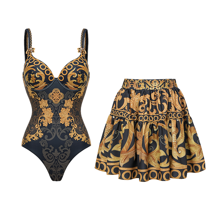 Sling Gold Embroidery Decor One Piece Swimsuit and Skirt