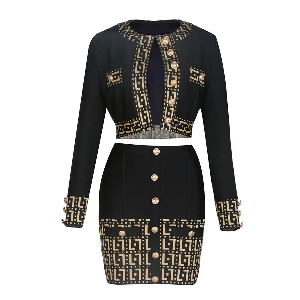 Brownm Hot Gold Button-Up Plus-Color Short Coat + Short Skirt Set Fashion Casual Style