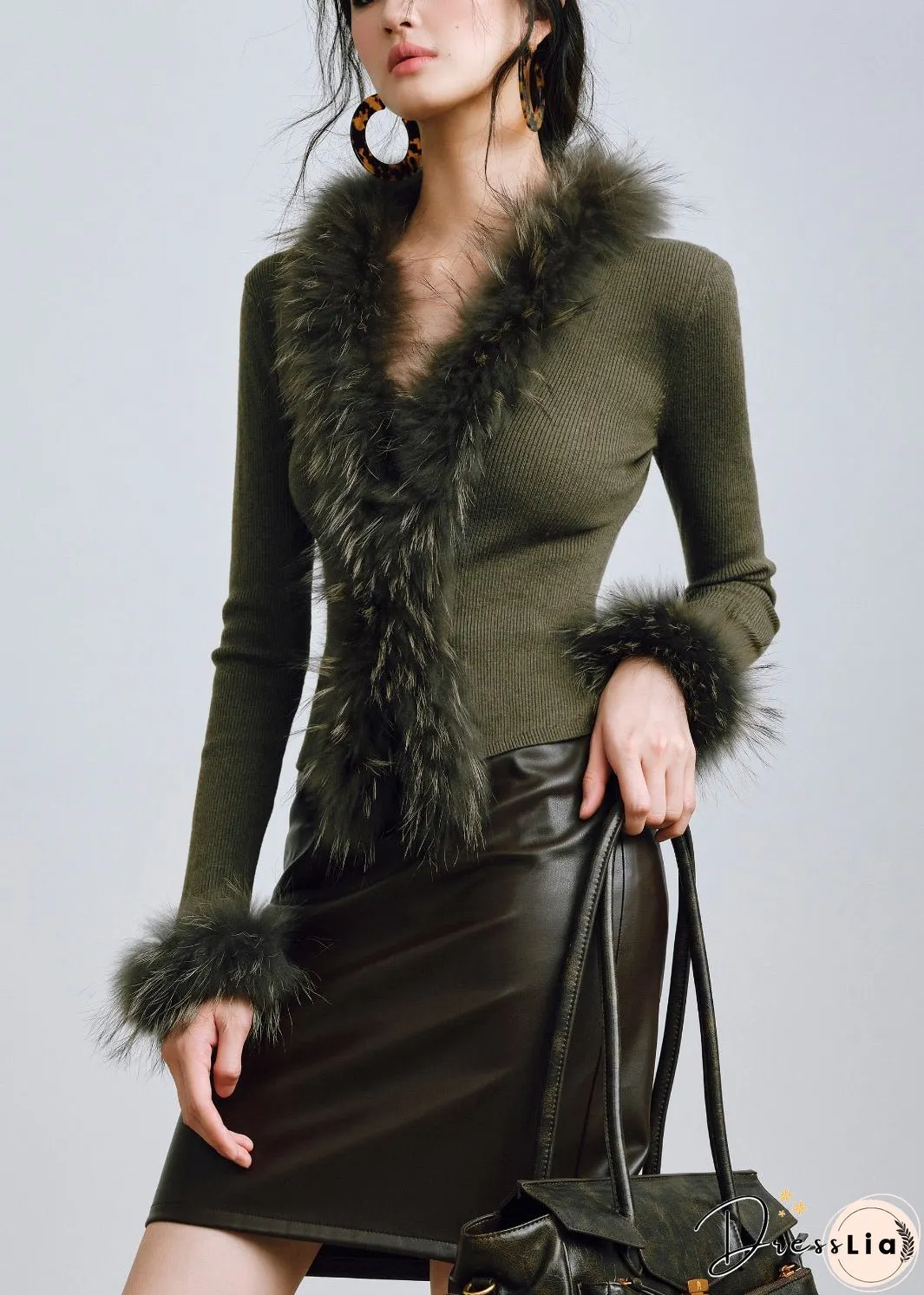 Slim Fit Green Raccoon Hair Collar Wool Knit Knitted Sweaters Winter
