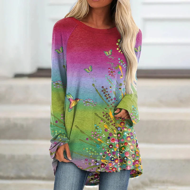 Hummingbird Flowers Printed Loose Women's T-shirt