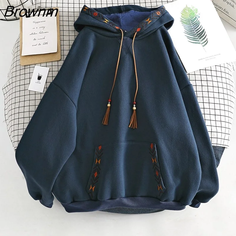 Brownm Hoodies Embroidery Women Sweatshirt Autumn Winter Long Sleeve Harajuku Pullovers Female Sudadera Mujer