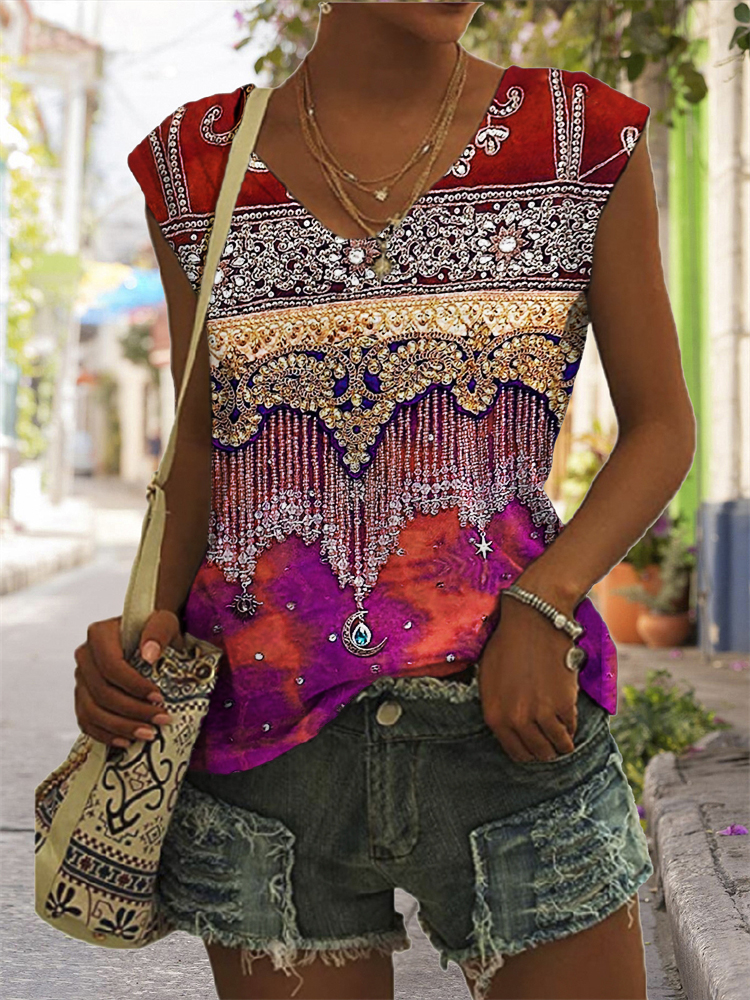  Ethnic Floral Beaded Art V Neck Tank Top Westsshops