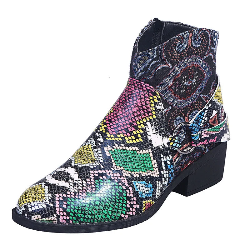 Women's Graphic Round Toe Mid Heel Casual Low Boots