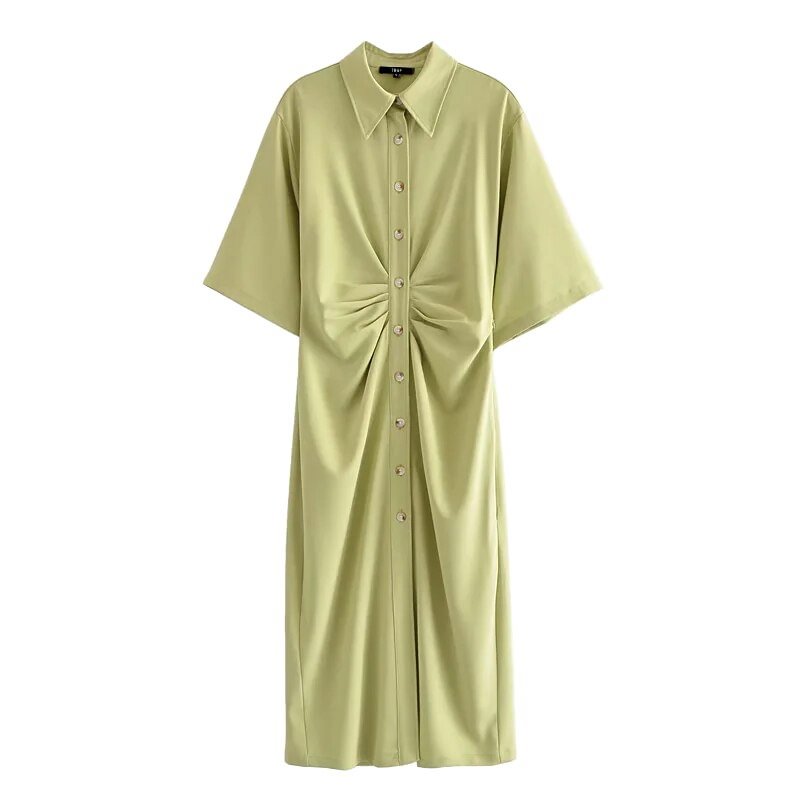 Fashion Draped Midi Shirt Dress Women Button-up Chic Vintage Short Sleeve Shirt Dresses Turn Down Collar Female Dresses Vestidos
