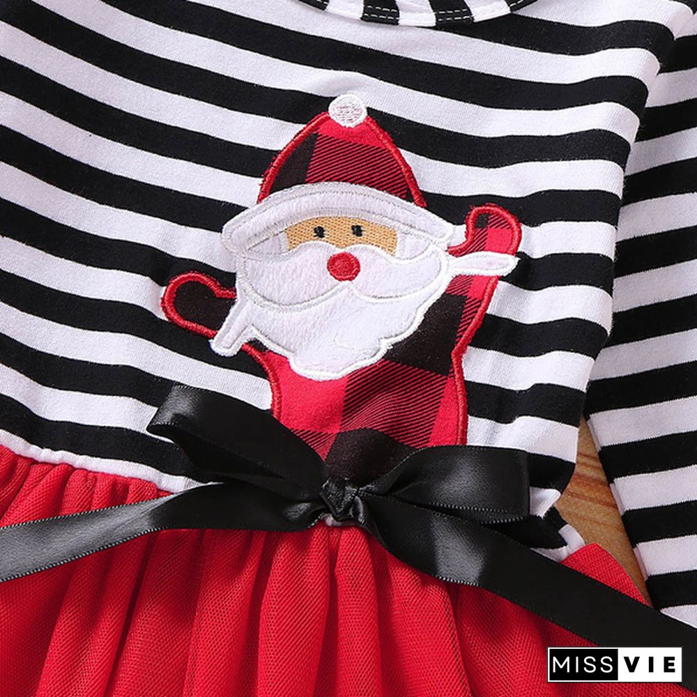 New Fashion Toddler Baby Girls Cute Christmas Santa Striped Print Tulle DressHeadband