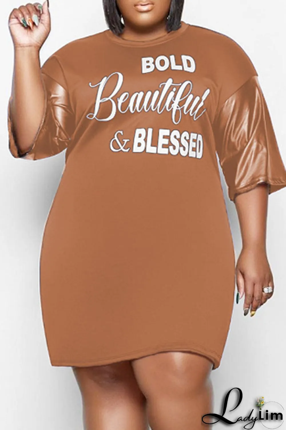 Black Fashion Casual Plus Size Letter Print Split Joint O Neck Short Sleeve Dress