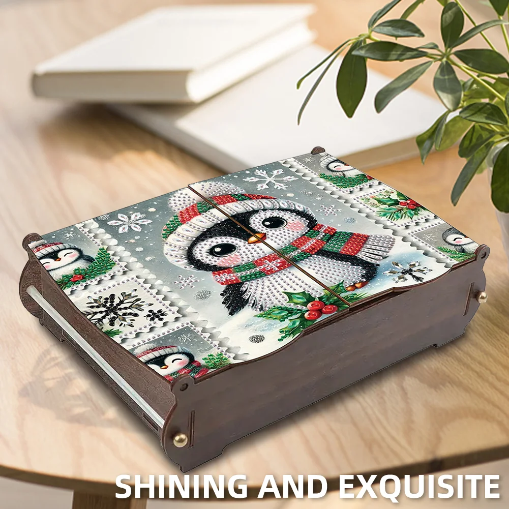 5D DIY Diamond Art Crystal Storage Wooden Case Kit for Home Decor (Penguin)