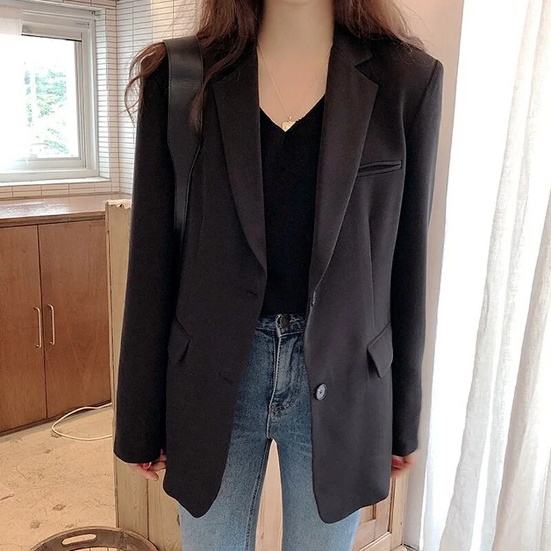 UForever21 Korea Style Women Casual Blazer Grey Solid Colors Single Breasted Loose Suit Woman Spring Fashion Office Work Long Sleeve Blazer