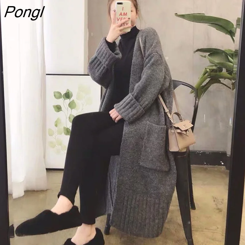 Pongl Women Long Solid Three Color Pockets Simple Warm Comfortable All-match New Fashion Elegant Korean Style Streetwear Chic