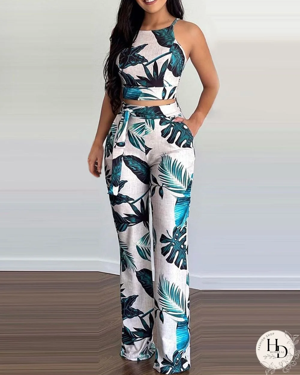 Women Summer Spring Casual Sleeveless Tropical Print Crop Top & Long Pants Set Vacation 2Pcs Set