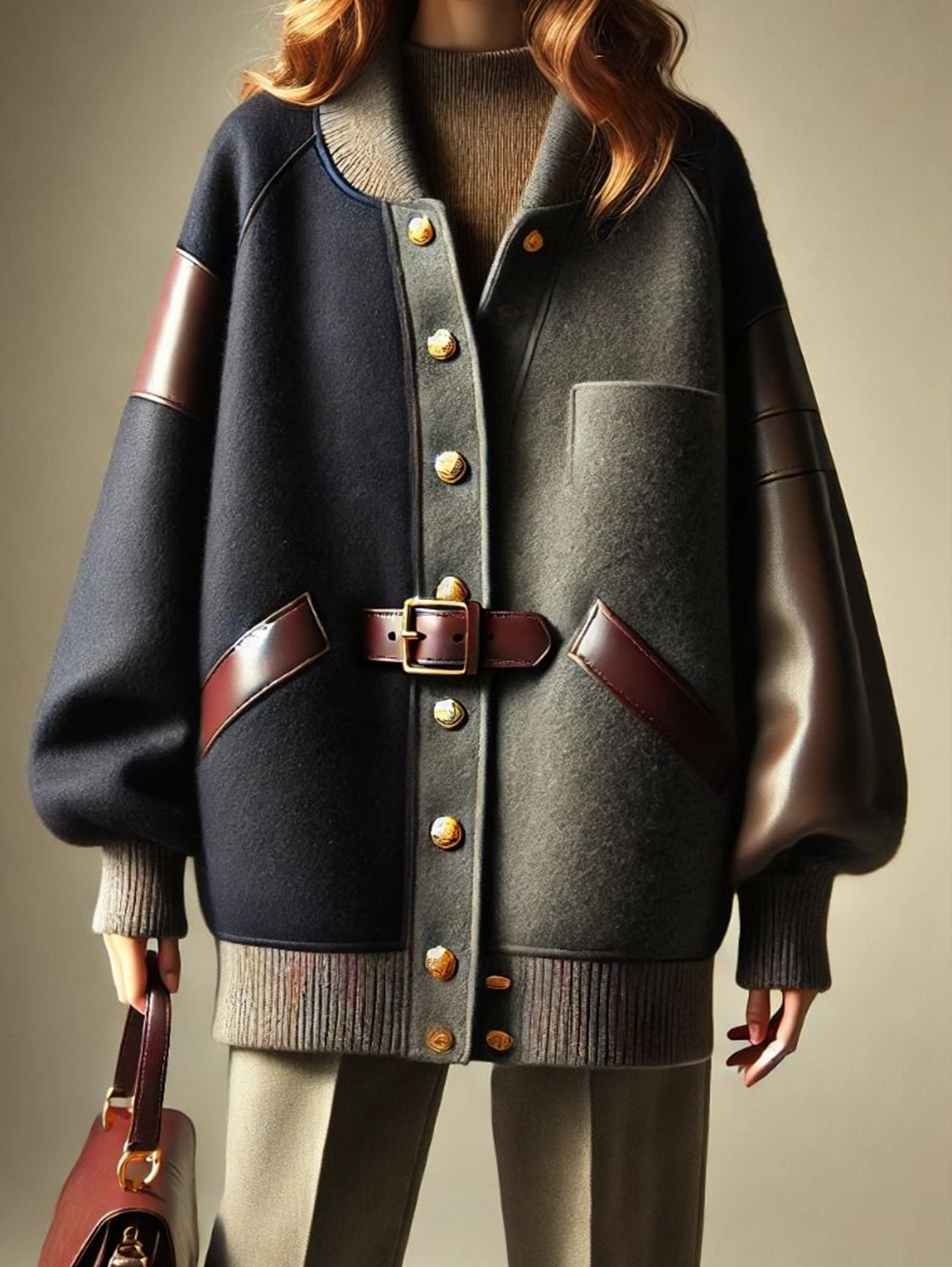 Casual Patchwork PU Leather Button Lantern Sleeve Buckle Coat