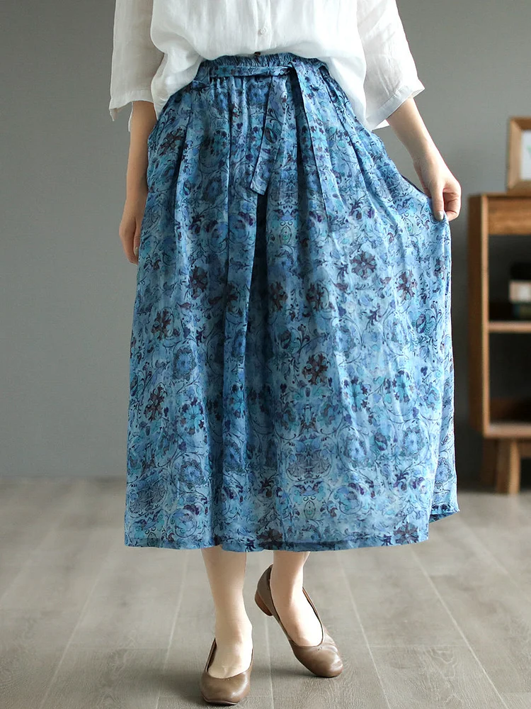 Women Vintage Floral Drawstring Pocket Loose Ramie Skirt