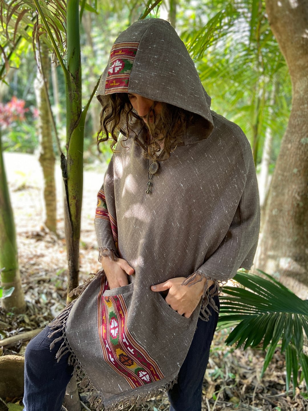 SATI Hooded Wool Poncho for Men's Graphite Grey Handwoven Wool Premium Pure Cashmere Hood Zen Embroidery Boho Gypsy Festival Mexican Aztec Celtic